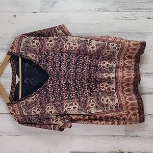 Lucky Brand navy coral cream boho mosaic print short sleeve vneck tshirt Size XL